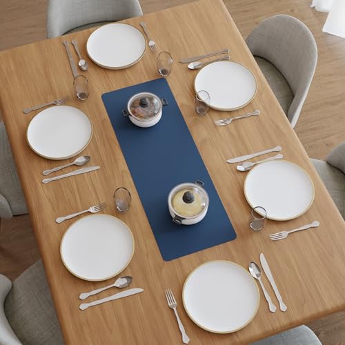Image of Encasa XO Leather Dining Table Runner | Water & Heat Resistant Double-Layer Runners | Wipeable & Durable Table Runner for Centre Table | 30x85 cm - Grey & Blue
