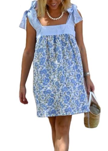 Women Tie Shoulder Mini Dress Floral Ruffle Babydoll Dress Boho Square Neck Sundress Cute Summer Dresses