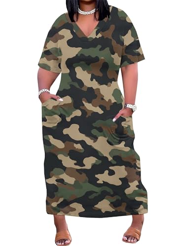 EQQZD Plus Size Maxi Dress for Women Classic Jungle Camouflage V Neck Short Sleeve T Shirt Dress with Pockets Casual Outdoor Summer Long Sundress 3X-Large Plus