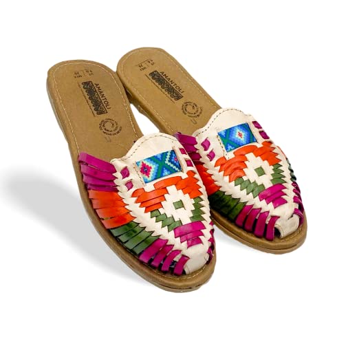 Amantoli Aurora Model - Women 100% Artisan Hand Made Mexican Leather Hipster Brown Colorful Closed Toe Sandal Huarache Artesanal cover