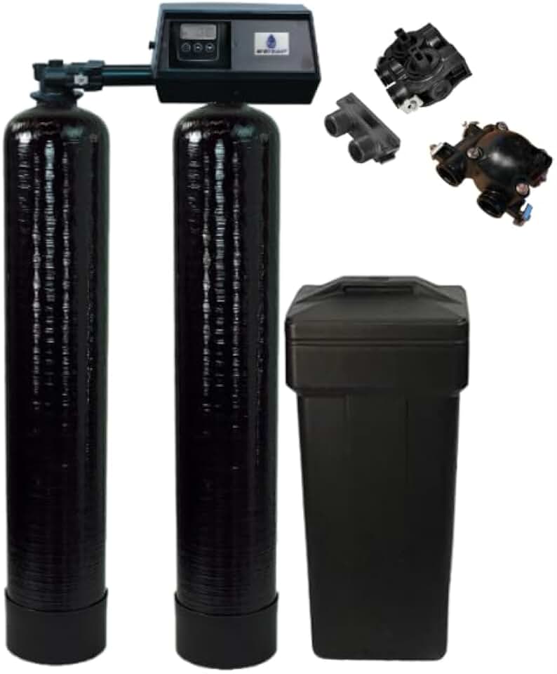 AFWFilters Premium Purolite C100E Resin Fleck 9100SXT Twin Tank Dual Metered, On Demand Water Softener, 48,000 Grains per Tank, 96,000 Grains Total Capacity, 24/7 Soft Water, Complete System