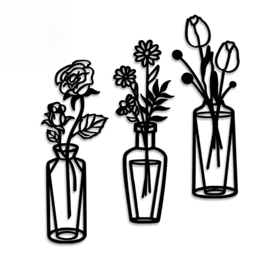 Black Acrylic Flower Wall Art – 3pcs Vase Wall Decor 20 * 7cm – Minimalist Stick-On Wall Decorations for Living Room, Bedroom, Kitchen, Bathroom & Hallway