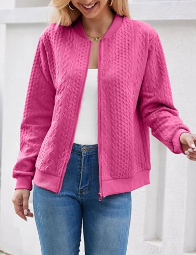 Image of WROLEM Women's Zip Up Cardigan Sweater Cable Hoodies Long Sleeve Jacket Outfits Crewneck Casual Coat