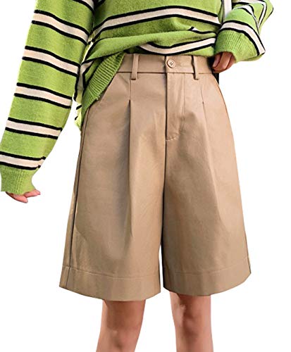 CHARTOU Women's Basic PU Leather Back Elastic Wide Leg Knee-Length Shorts (Large, Khaki)