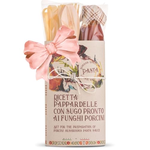 ARTIGIANI DEI SAPORI - Italian Gifts, Pasta Gourmet Gift Set, Pappardelle Pasta with Porcini Mushrooms Sauce in Deluxe Packaging, homemade in South of Italy