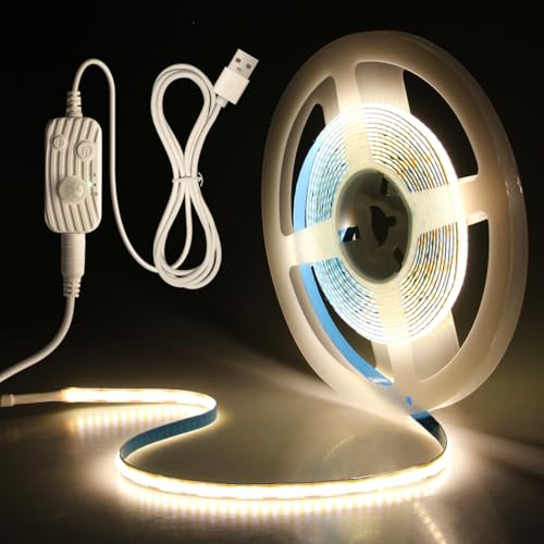 Aclorol Striscia LED COB USB con sensore di movimento, 2 m, 640 LED, striscia luminosa flessibile con modalità giorno/notte/sempre acceso, dimmerabile, 5 V, bianco neutro, per sotto il letto, armadio