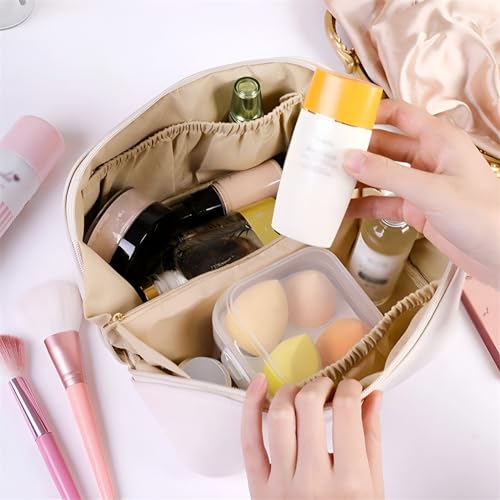 Image of NFI essentials Cosmetic Travel Organizer Bag, Women's Makeup Pouch Toiletry Bag Portable Leather Wide Opening Cosmetics Bag with Handle and Divider