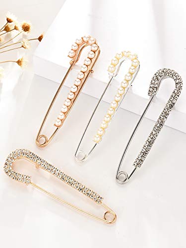 Women Brooch Pins Sweater Shawl Clips Faux Crystal Pearl Brooches Safety Pins Dress Shirt Clips For Women Gold Silver (4 Pieces) #TOP5