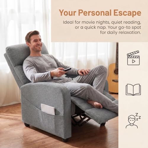 Image of Manual Recliner Chair, Oversized Lazy Boy Reclining Sofa with Adjustable Backrest & Extended Footrest, Ergonomic Single Recliner Couch for Home Theater Seating, Living Room, Bedroom, Gray