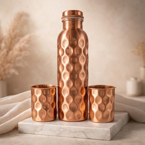 Image of JAIPUR ACE Hammered Pure Copper Water Bottle with Glass Set | 100% Copper Bottle Set | Leak Proof, Ayurvedic Health Benefits, Premium Design Gift Set for Home, Office, Gifting (Hammered Print)