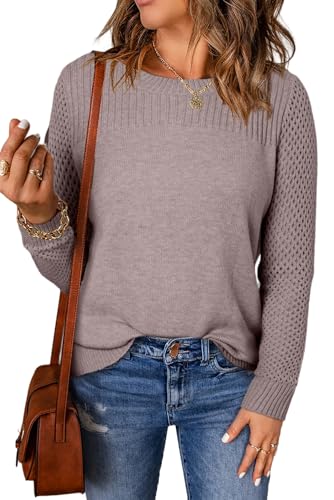 Image of EVALESS Womens Sweaters Casual Long Sleeve Crewneck Knit Lightweight Hollow Out Crochet Sweater Pullover Tops