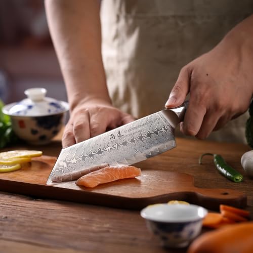 SHANGDAO Coltello da chef Kiritsuke da 8 pollici, Coltello da cucina per affettare in acciaio di Damasco forgiato con manico in resina blu e bianca - Codolo completo - Serie HUA - immagine 6