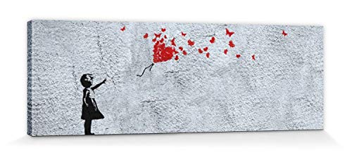 1art1 Mädchen Poster Mädchen Mit Luftballon Und Schmetterlingen, Banksy-Style Bilder Leinwand-Bild Auf Keilrahmen | XXL-Wandbild Poster Kunstdruck Als Leinwandbild 90x30 cm