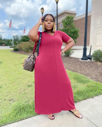 Image of TOPSRANI Womens Plus Size Maxi Dresses for Women Oversize Casual Short Sleeve V Neck Loose Plain Solid Trendy Summer Dress