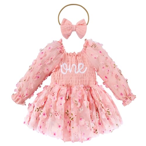 UNICOMIDEA Baby Girl 1st Birthday Outfit One Year Old Birthday Clothes Toddler Long Sleeve Tulle Romper Dress