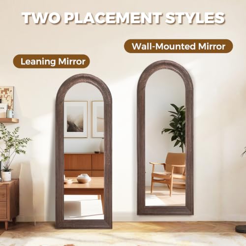 Image of 58x22 Solid Wood Arched Full Length Mirror, Elegant Brown Finish