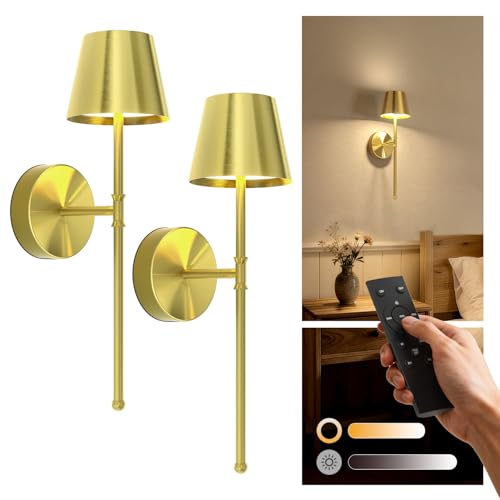 UME Wireless Sconces Set of 2 with Remote, 5200mAh Battery Powered Sconces - Small Rechargeable Sconces w/ 3 Color Temps & 5 Brightness Levels for Bedroom, Living Room, Wall Painting, Cafe(Gold)