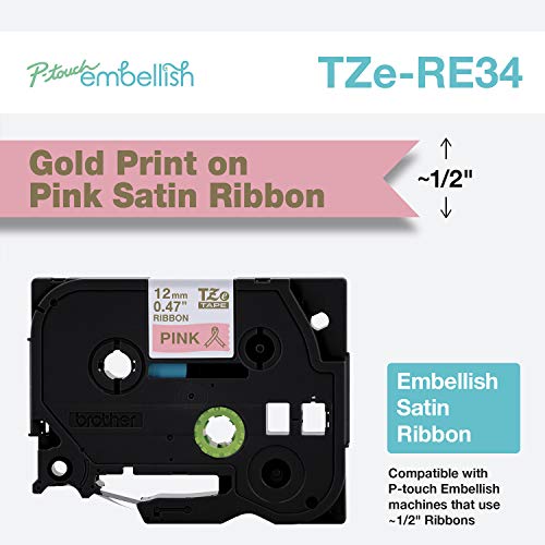 Image of Brother P-Touch Embellish Gold Print on Pink Satin Ribbon TZERE34 ~ inch Wide x ~13.1' Long for use with P-Touch Embellish Ribbon & Tape Printer