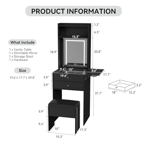 ARTETHYS Small Vanity Desk Set with 3 Adjustable Lighted Mirror and Storage Chair Mini Black Makeup Vanities Set for Bedroom Compact Make up Dressing Table with Fold-up Panel for Tiny Space - Thumbnail 2