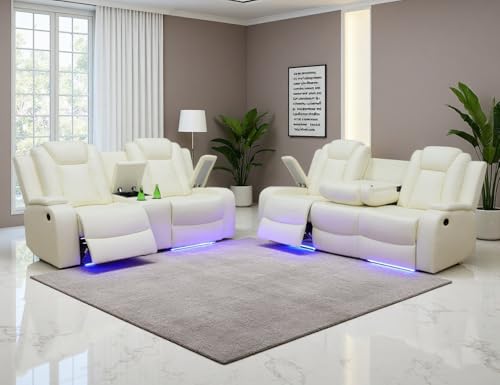 Anthato 2-Piece Power Recliner Set with LED Lights, Modern Air Leather Reclining Sofa and Loveseat Set with Coffee Table, Luxury Recliner Furniture for Living Room, Home Theater, Office, Warm White