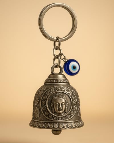 Image of Tiny Tim Guardian Bell with Evil Eye Charm - Protective Motorcycle & Car Accessory - Tibetan-Inspired Design - Wards Off Negative Energy - Ideal Gift for Bikers & Travelers