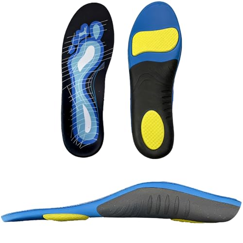 1 par de plantillas de soporte de arco, talla 9-10, insertos ortopédicos de longitud completa con absorción de impactos, copa de talón, acolchado en el antepié, diseño transpirable