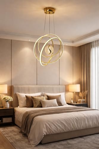 Image of Modern Premium Loop Curved LED Stylish Gold Finish with 3 Different Color Mode (Warm White, Cool White, Neutral White) Chandelier with Height Adjustable Hanging for Bedroom, Living, Dining,
