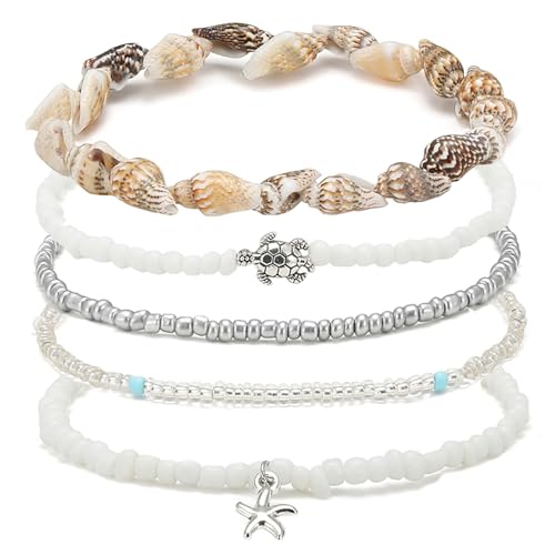 Image of Ankle Bracelets for Women Stretch Boho Pearl Bead Gold Anklets Layered Sequins Foot Chain Hawaiian Beach Conch Summer Vacation Travel Foot Jewelry