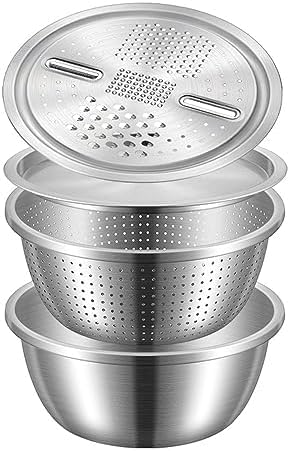 Vzqr 多機能 ステンレス 水切りボウル&ザル 米とぎ 直火対応 直径30cm 大容量 家庭用 野菜カッター/スライサー 千切り・おろし対応 野菜・果物洗い キッチン調理器具 セット (直径30cm,A)