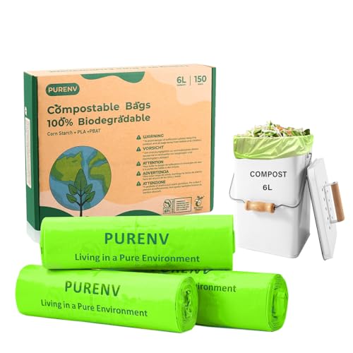 PURENV 6L Bolsas de Basura Compostable, 150 Bolsas Basura Biológicas, Elaborado con almidón de maíz, compostable y biodegradable, Certificado EN13432