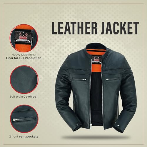 Hugger Men’s Motorcycle Leather Jacket With stand collar Biker Café jacket with Concealment Armory Pockets3