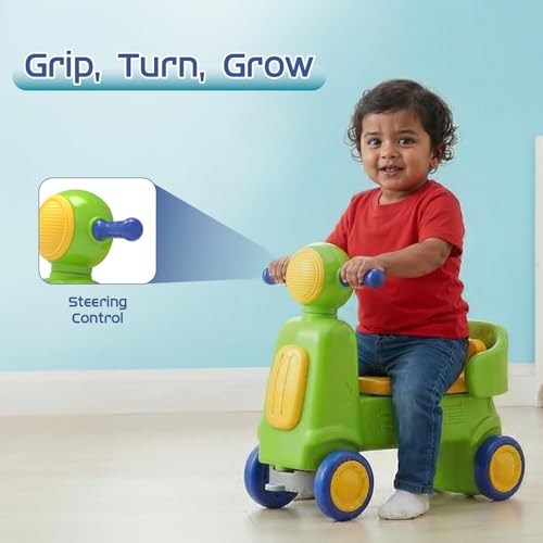 Image of Amazon Brand - Jam & Honey Toddler Scooter Ride-On with Parental Handle | 18+ Months | Wide Wheels for Stability | Ergonomic Seat | BIS Certified | Green & Blue