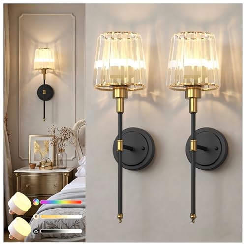 Image of DORESshop Battery Operated Wall Sconce Set of 2, Wireless Wall Light, 15 Color Rechargeable Wall Sconces, Sconce Wall Decor Set of 2 for Bedroom, Living Room, Gold and Black Crystal, 24.6in