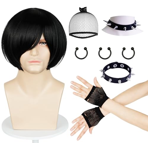 LABEAUTÉ Men's Short Black Anime Cosplay Wig Unisex Emo-punk Costume Scene Wig Set with Bangs Synthetic Hair for Women Halloween Party