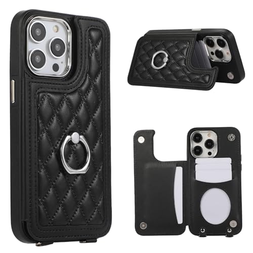 Étui portefeuille iPhone 14 Pro Max en cuir noir avec porte-carte arrière et coque rigide silicone