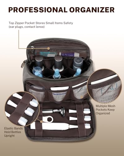 Gonex Travel Toiletry Bag for Men, Water Resistant Canvas Wide Open Shaving Bag with Wet Dry Compartment, Travel Essentials Toiletries Organizer, Grey4
