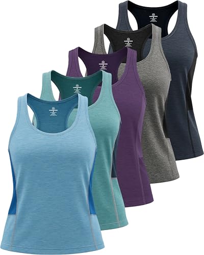 Image of Real Essentials 5-Pack Women's Racerback Tank Top Dry-Fit Athletic Performance Yoga Activewear (Available in Plus Size)