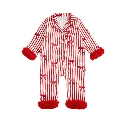 Baby Christmas Pajamas Newborn Girl Santa Feather Trim Nightgown Jumpsuit Romper Cute One Piece Silk Pjs Sleepwear (Bow Red 0-3 Months)