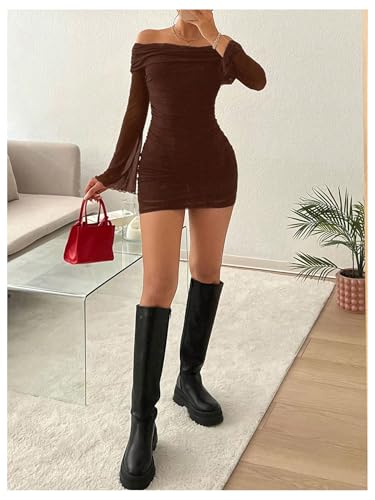 Image of GORGLITTER Women's Off The Shoulder Mesh Mini Dress Long Sleeve Y2K Sexy Ruched Bodycon Birthday Club Party Dresses
