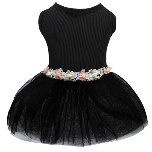 Image of CuteBone Black Tulle Skirt Dog Wedding Bridesmaid Dress for Puppy with Lace Trim at Waist - Comfortable, Stylish, and Perfect for Special Occasions HBQ04S