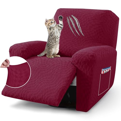 Image of 2026 Stretch Recliner Cover 3-Piece (24 inch-37 inch) Super Soft Recliner Chair Covers with Big Pocket & Anti Slip Ties Stay in Place, Lazy Boy Reclining Slipcover Easy to Put on off Washable, Wine Red