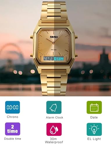 Gosasa women Men Square Multifunction Stopwatch Dual Display Wristwatches Stainless Steel Strap Analog Sports Watches