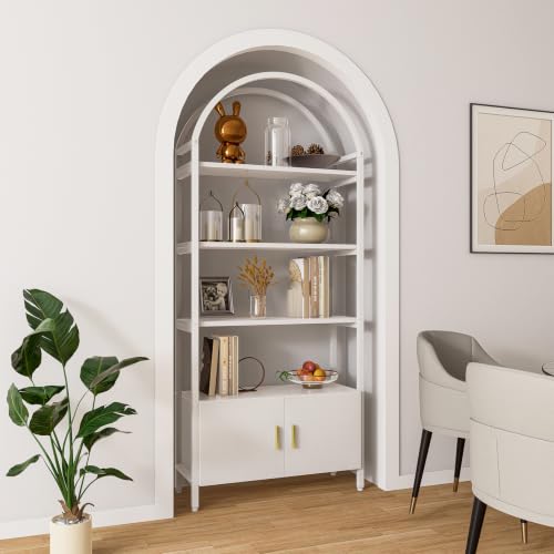 Image of Jehiatek Arched Bookshelf, Bookcase with Doors Storage, 71 Inches Tall Industrial Book Shelf with Sturdy Metal Frame, E1 Quality Boards, Freestanding Display Shelving Unit, White
