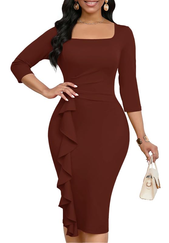 Image of MarryUP Womens Work Dresses Elegant Square Neck 3 /4 Sleeve High Waist Bodycon Ruffle Vintage Church Pencil Midi Dress