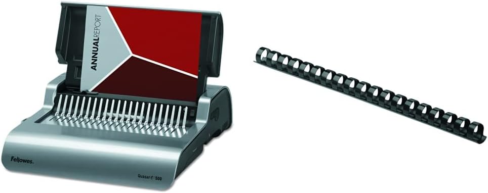 Fellowes 5216901 Quasar 500 Electric Comb Binding System, 16 7/8 x 15 3/8 x 5 1/8, Metallic Gray & Plastic Binding Comb 3/8" Black, 100Pack