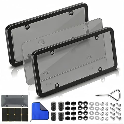 2 Pcs License Plate Frames with Clear Protective Shields and Screws Comes a Spare Cover and 5 Additional Accessories Rust-Proof Auto Licenseplate Holder for Standard Us Plates