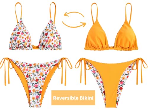 Image of ZAFUL Women's Triangle Bikini Floral String Bikini Set Two Piece Swimsuit Bathing Suits