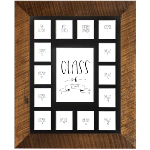 Image of Rustic Red Door Co. School Years Reclaimed Wood Picture Frame with Mat - 11x14 Wooden Framed 15 Photo Collage Mat Pre-School & Kindergarten to 12th Grade High School Graduation (Class of 2044, Black)