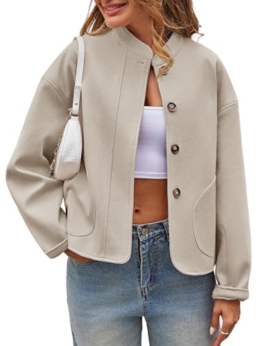 Tankaneo Womens Short Pea Coats Oversized Long Sleeve Button Down Casual Bomber Jackets with Pockets