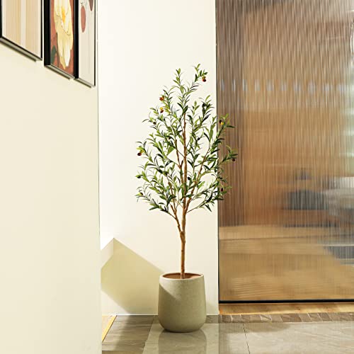 SOGUYI Artificial Olive Tree, 5FT Tall Faux Silk Plant with Natural Wood Trunk and Lifelike Fruits for Home Office Decor - Indoor Fake Potted Tree, 1 Pack